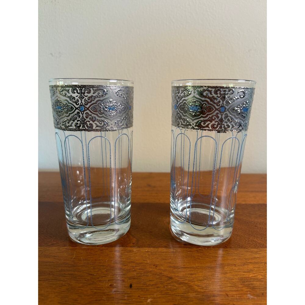 Vtg. MCM Culver Sorrento Highball Glasses – Pair of Rare Silver & Blue Filigree